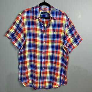 Ralph Lauren Short Sleeve Shirt Large Linen Madras Plaid Red preppy golf Chore